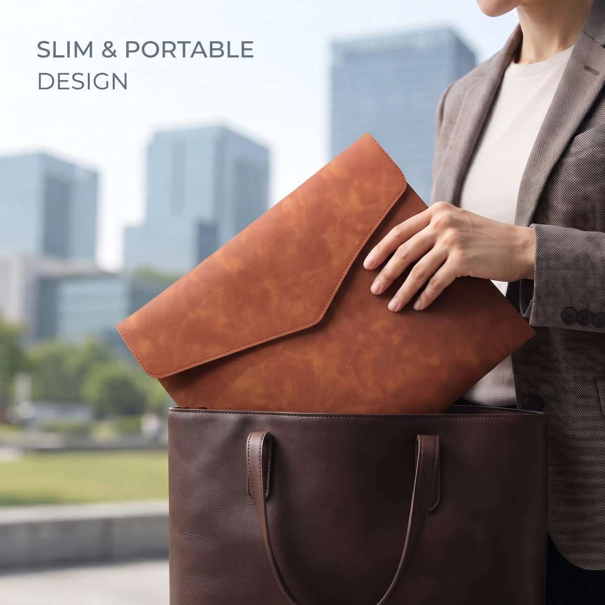 A4 Leather Document Folder, Thick Waterproof Portfolio Envelope, Snap Button File Bag, Large Capacity Business Portfolio Pouch for Contracts, Invoices & Paper Storage, Portable Office Document Holder