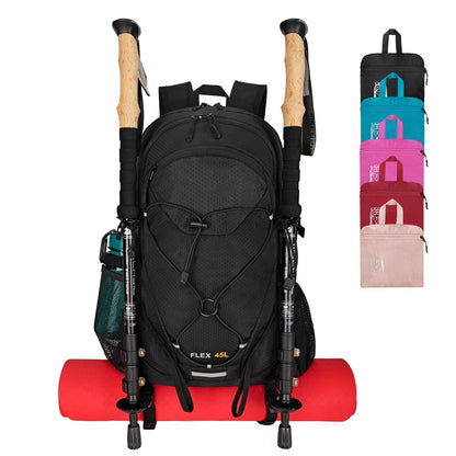 45L Foldable Water Resistant Hiking Backpack With Rain Cover & Trekking Pole Holder Ergonomic Daypack Black For Mountaineering Climbing Camping Backpacking Fishing Cycling Multi-Day Trek Weekend Travel Outdoor Sports Men Wome