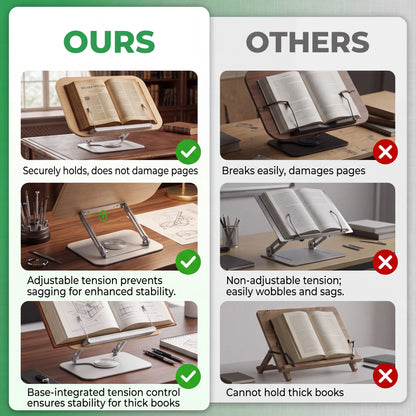 Book Stand for Reading Adjustable Book Holder with 360° Rotating Base Elastic Page Clips  Desktop Riser Stand Adjustable Book Stand with 360 Rotating Base, Foldable Reading Riser & Elastic Page Clips, for Books Tablets, Home