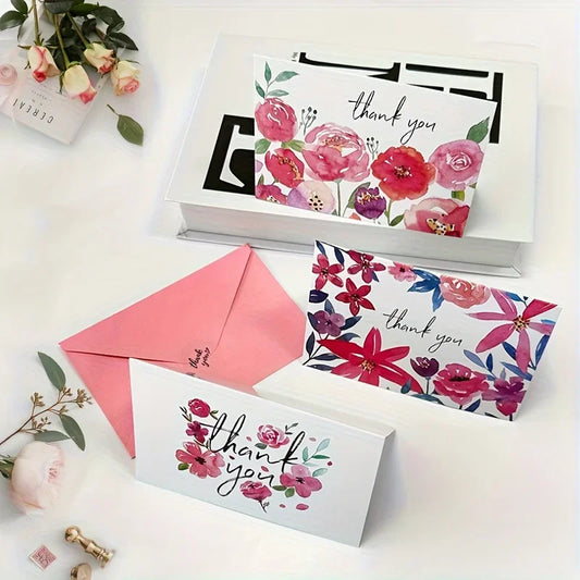 24 Sets Watercolor Floral Thank You Cards with Pink Envelopes & Stickers, Assorted Pink Red Flower Greeting Note Cards, Blank Inside Appreciation Cards for Small Business Package Inserts Wedding Bridal Shower Gifts