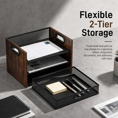 Storage Rack, Magazine and Newspaper Basket – Three-Tier Desktop Document Organizer with Drawers, Wooden Paper Tray, Office Desk Storage and Organization Tool, and Stationery Accessories, Ideal for Files, Letters, Notebooks