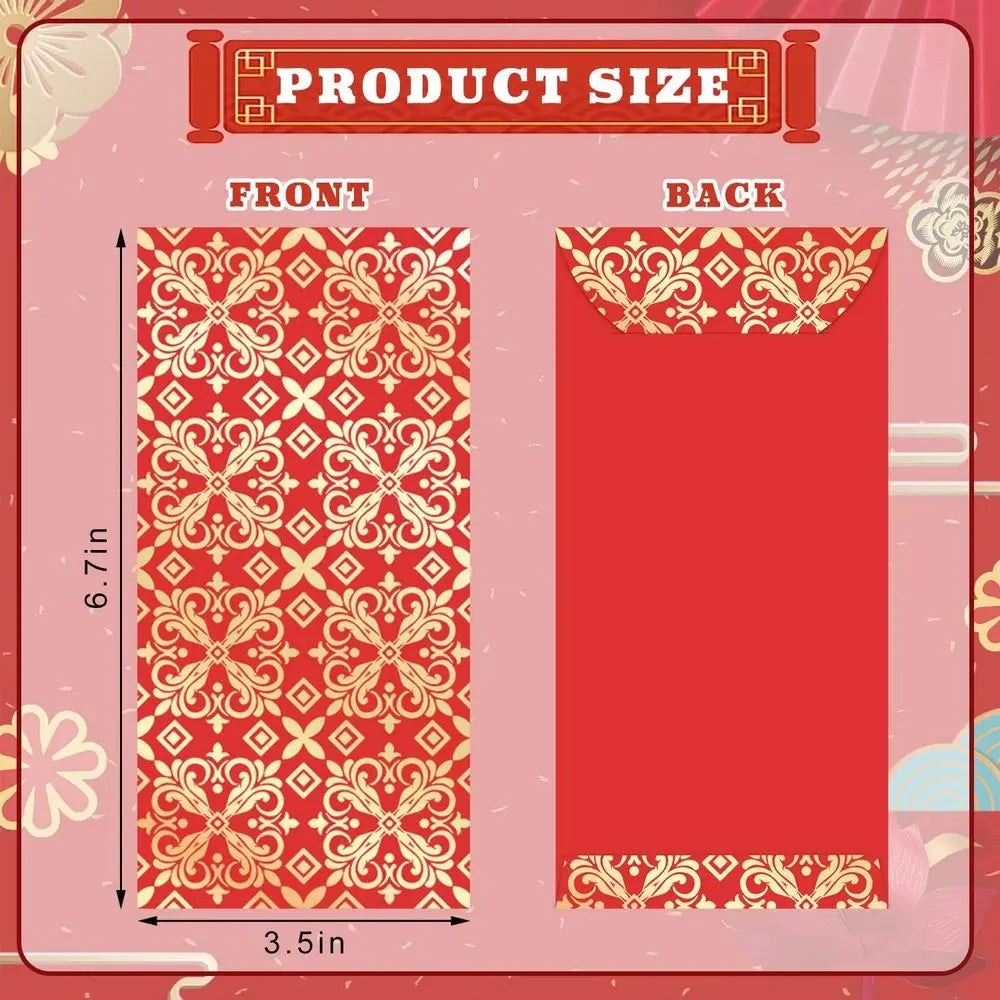 Chinese New Year 2026 Red 66-Piece Fortune Envelopes, 6 Designs, for Lunar Festival, Birthdays, and Weddings