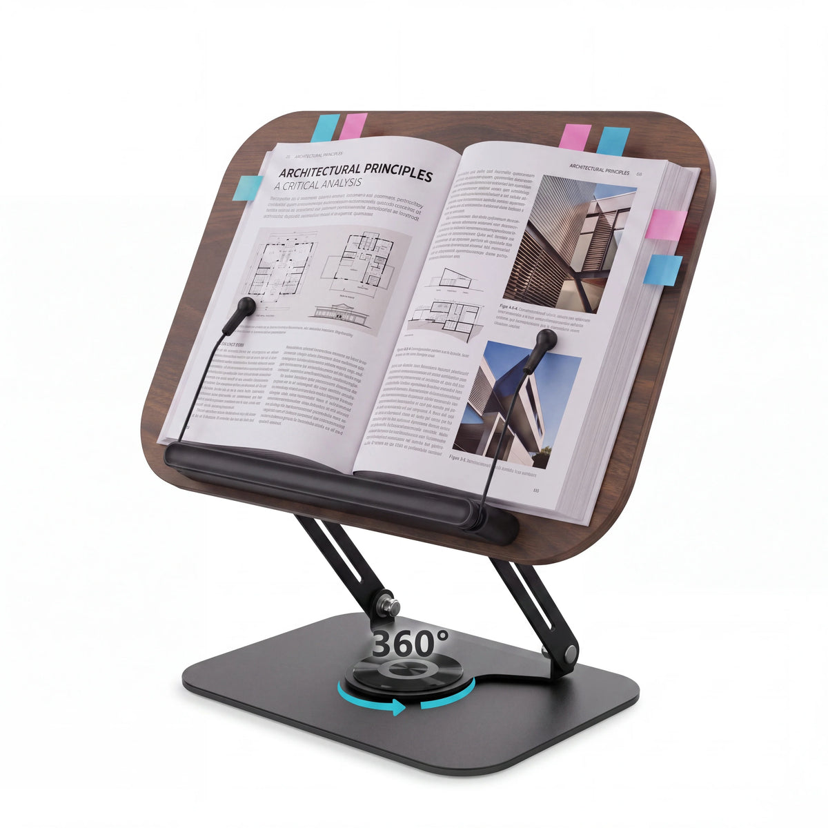 Book Stand for Reading Adjustable Book Holder with 360° Rotating Base Elastic Page Clips  Desktop Riser Stand Adjustable Book Stand with 360 Rotating Base, Foldable Reading Riser & Elastic Page Clips, for Books Tablets, Home