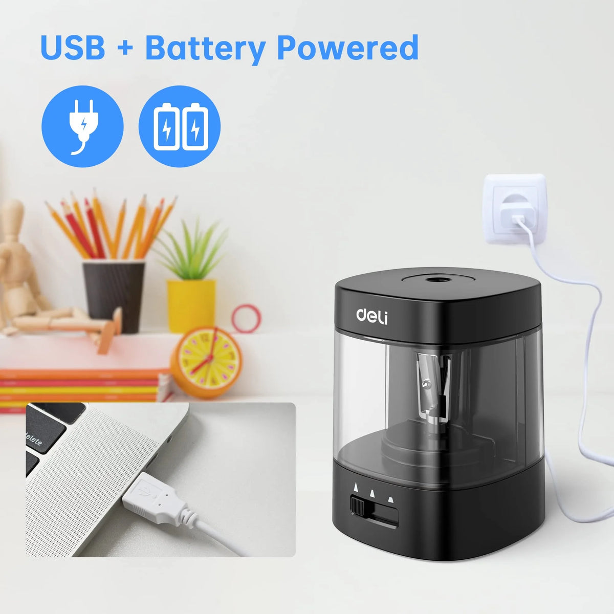 Deli Electric Pencil Sharpener Automatic USB Battery Operated Fast Sharp 3 Modes for Home Office School