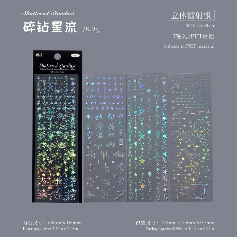 3 Sheets Kawaii PET Laser Silver Sticker Set – DIY Decorative Stickers for Diary Phone Case Scrapbook, Aesthetic Craft Gift for Teens Girls