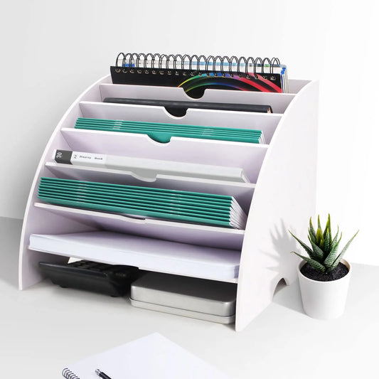 Fan Shaped Desk File Organizer - 6 Compartments File Holder for Desktop, Magazine Rack, Mail Holder, File Sorter, Paper Organizer for Home Office Classroom, White