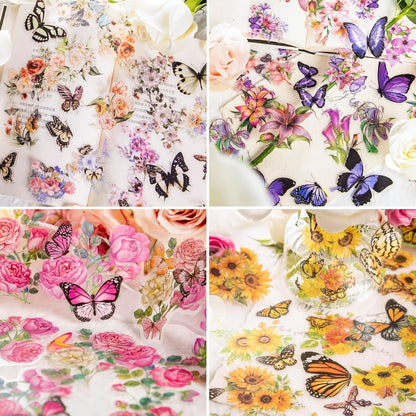 300pcs Transparent PET Butterfly and Flower Stickers Floral Decals Scrapbook Stickers for Journaling Card Making Junk Journal Planner Craft Supplies DIY Art Home Decor Gift Ideas