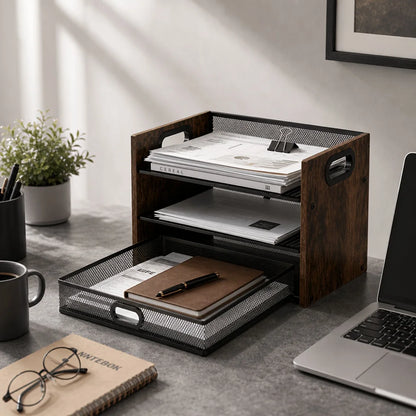 Storage Rack, Magazine and Newspaper Basket – Three-Tier Desktop Document Organizer with Drawers, Wooden Paper Tray, Office Desk Storage and Organization Tool, and Stationery Accessories, Ideal for Files, Letters, Notebooks