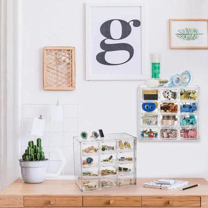 2-Pack Clear Mini Desk Organizer with 12 Removable Drawers for Desk Craft Storage, Art Supplies, Office, and Cosmetics