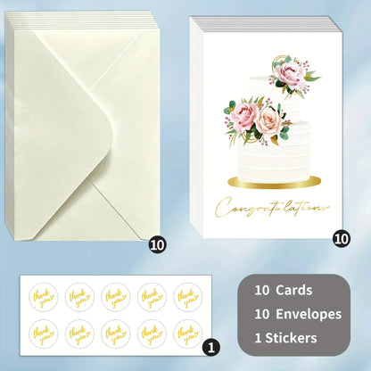 10 Pack Gold Foil Congratulations Greeting Cards with Envelopes & Sealing Stickers, Floral Wedding Cake Design Blank Inside Note Cards for Wedding Engagement Bridal Shower Marriage Gift