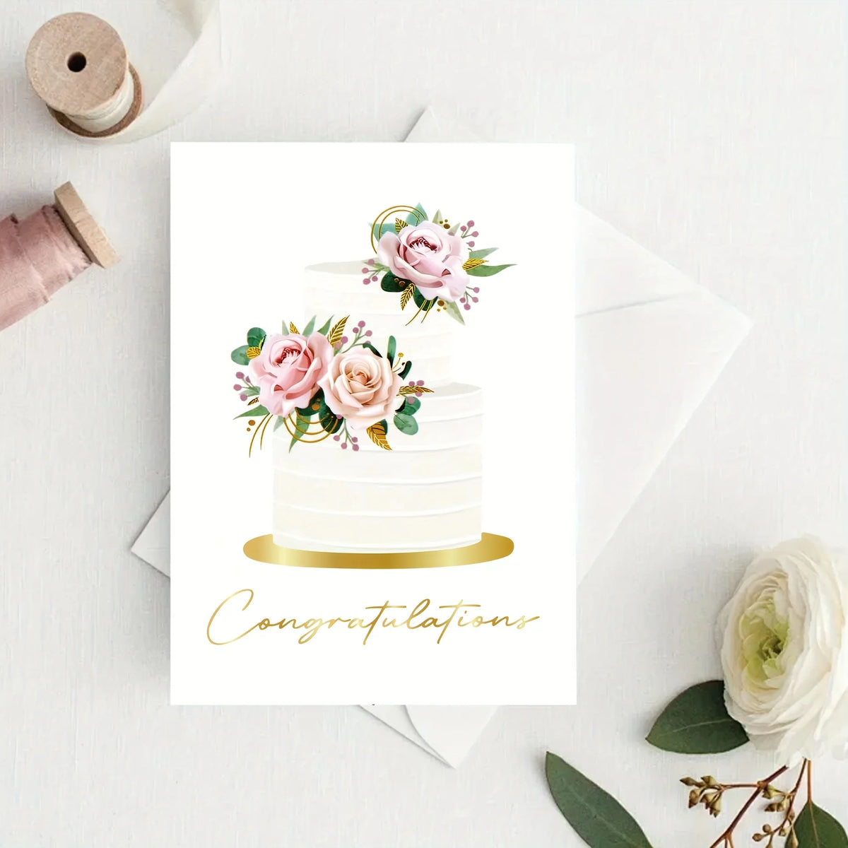 10 Pack Gold Foil Congratulations Greeting Cards with Envelopes & Sealing Stickers, Floral Wedding Cake Design Blank Inside Note Cards for Wedding Engagement Bridal Shower Marriage Gift