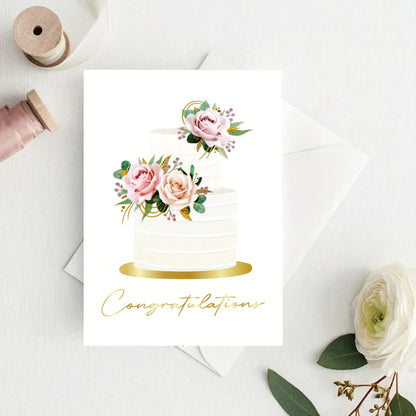 10 Pack Gold Foil Congratulations Greeting Cards with Envelopes & Sealing Stickers, Floral Wedding Cake Design Blank Inside Note Cards for Wedding Engagement Bridal Shower Marriage Gift