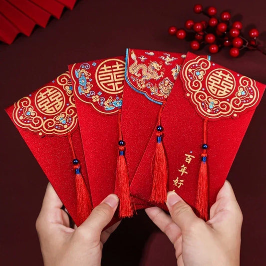 10Pcs/Set Traditional Chinese Wedding Red Envelopes with Tassel, Lucky Money Packets for Blessing