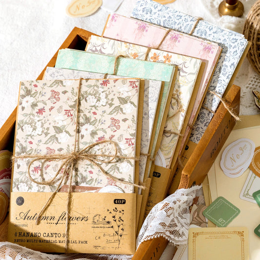 40Pcs Vintage Decorative Collage DIY Craft Background Paper Floral Handmade Paper Mix Material Junk Journal Planner Scrapbooking