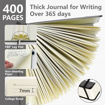 Lined Journal Notebook, 400 Pages Thick Journal for Writing, A5 Hardcover Leather Notebook with 100Gsm College Ruled Paper