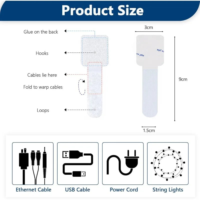 50 PCS Hook and Loop Cable Ties, Under Desk Cable Management, White