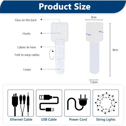 50 PCS Hook and Loop Cable Ties, Under Desk Cable Management, White
