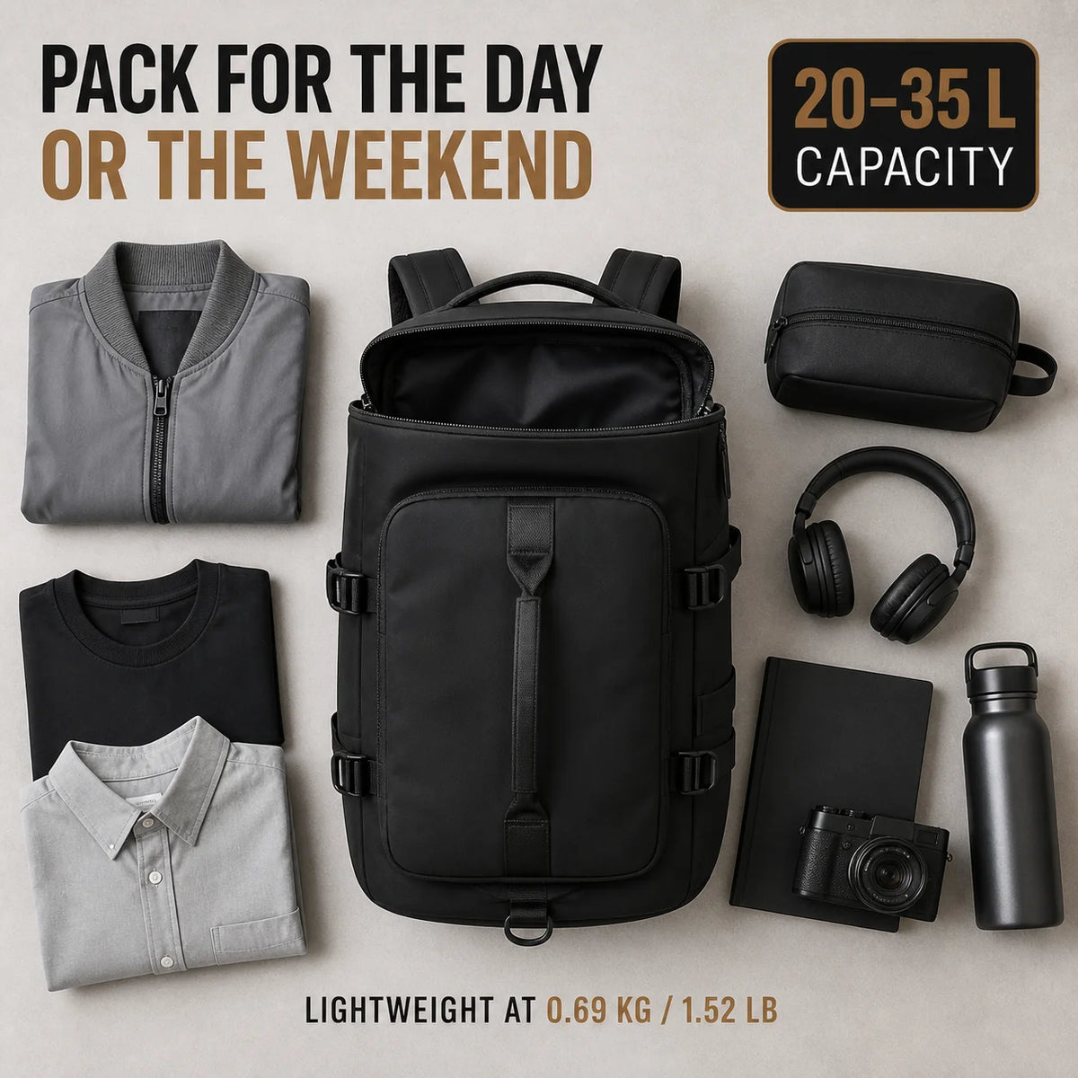 Waterproof Backpack Oxford Fabric, Black Everyday Daypack with Top Handle and Front Pocket, Wear Resistant Polyester Lined