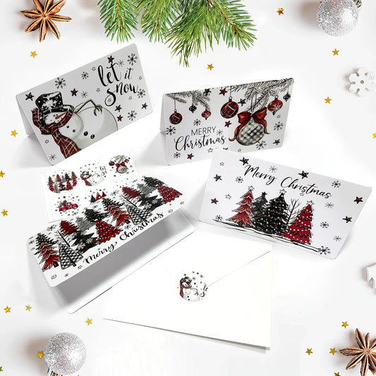 24 Pack Christmas Greeting Cards with Envelopes & Seal Stickers, Black Red Plaid Snowman Christmas Tree Ornament Designs Blank Holiday Note Cards for Winter Xmas Party Family Friends Wishes