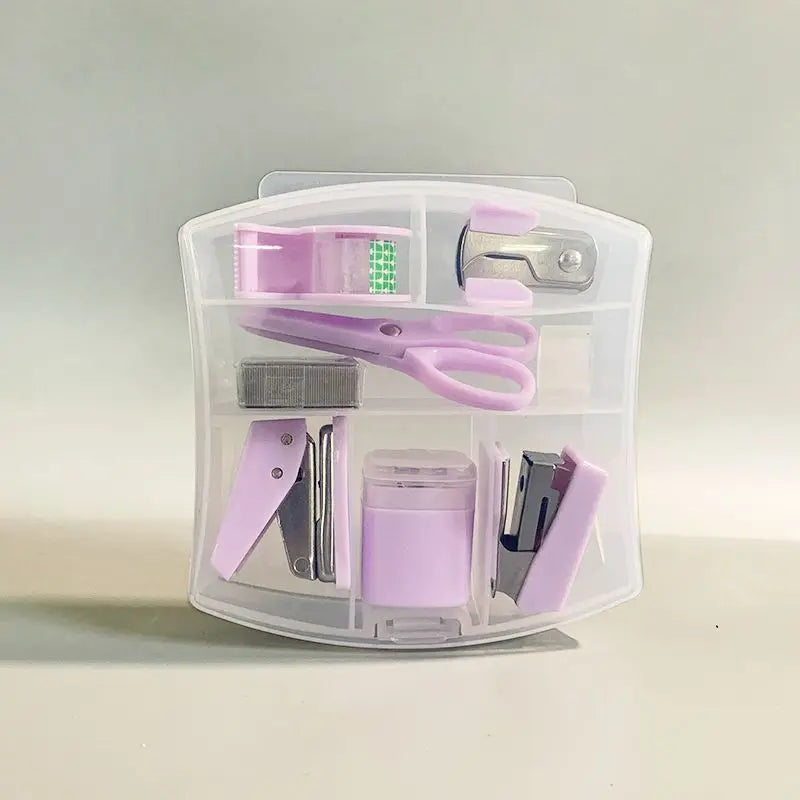 8 Pcs Mini Office Supplies Set with Portable Case Including Scissors Tape Dispenser Pencil Case Hole Puncher and Staples for Home School Desktop Stationery