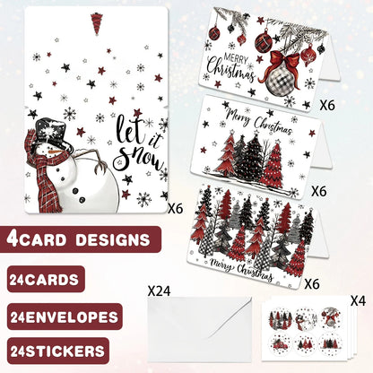 24 Pack Christmas Greeting Cards with Envelopes & Seal Stickers, Black Red Plaid Snowman Christmas Tree Ornament Designs Blank Holiday Note Cards for Winter Xmas Party Family Friends Wishes