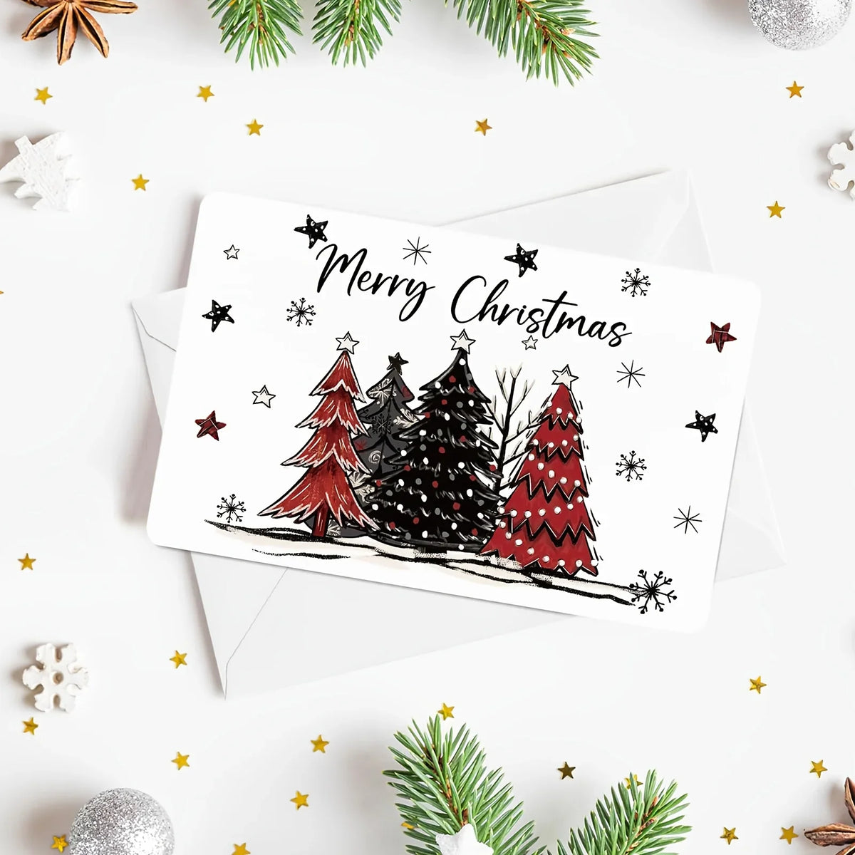 24 Pack Christmas Greeting Cards with Envelopes & Seal Stickers, Black Red Plaid Snowman Christmas Tree Ornament Designs Blank Holiday Note Cards for Winter Xmas Party Family Friends Wishes