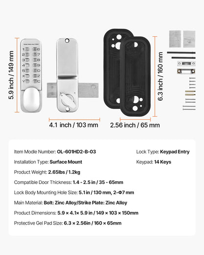 SucceBuy Mechanical Keyless Entry Door Lock 14 Key Mechanical Door Lock Mechanical Keypad Door Knob Single-Side Keyless Lock