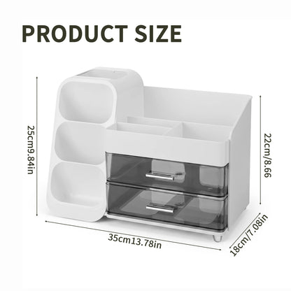 Desk Organizer with Pen Holder, 2 Drawers & 4 Compartments  Multifunctional Pen Holder Drawer Stationery Organizer Storage Desk Organizers Plastic Accessories Office School Supplies Plastic Desktop Storage for Office, School