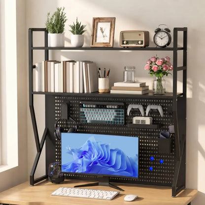 Multi-Layer Pegboard Desk Shelf with Hooks & Storage Box,K-shaped bookshelf And Accessories,Home Office Storage Solution