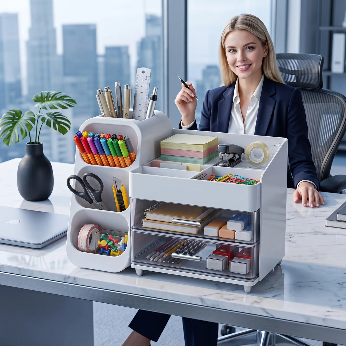 Desk Organizer with Pen Holder, 2 Drawers & 4 Compartments  Multifunctional Pen Holder Drawer Stationery Organizer Storage Desk Organizers Plastic Accessories Office School Supplies Plastic Desktop Storage for Office, School