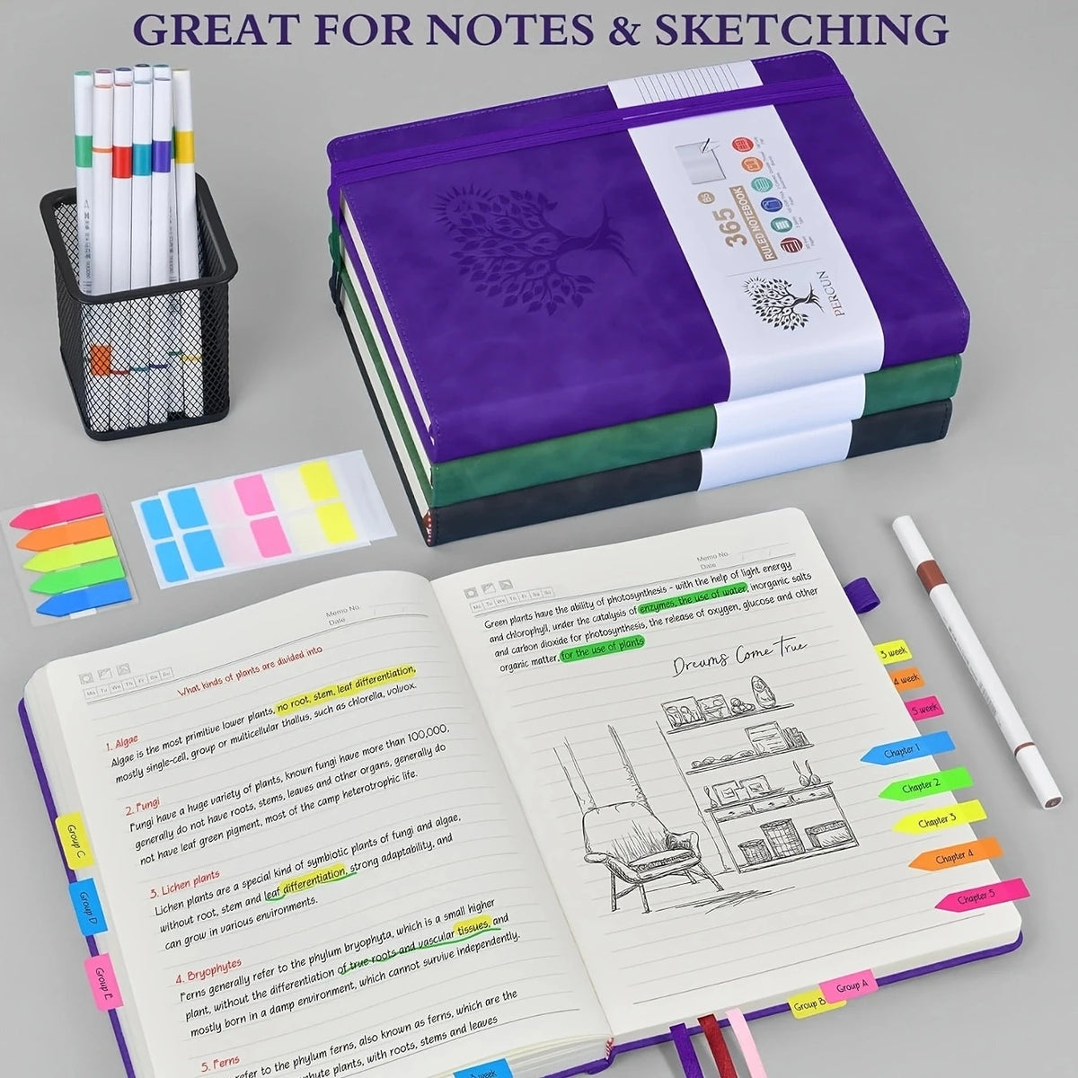 A4 Ruled Hardcover Diary Notebook, Faux PU Leather Cover, 130 Pages Thick Paper Journal with Elastic Band & Bookmark Ribbon, Writing Notepad for Office School Business Men Women