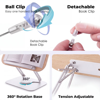 Book Stand for Reading Adjustable Book Holder with 360° Rotating Base Elastic Page Clips  Desktop Riser Stand Adjustable Book Stand with 360 Rotating Base, Foldable Reading Riser & Elastic Page Clips, for Books Tablets, Home