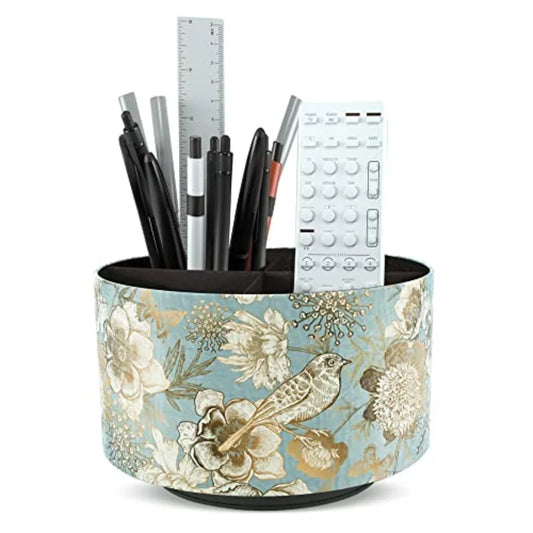 Round Leather Art Supply Organizer, Remote Control Holder, 360 Degree Rotating, Multi-Functional Pencil Holder, 4 Compartments
