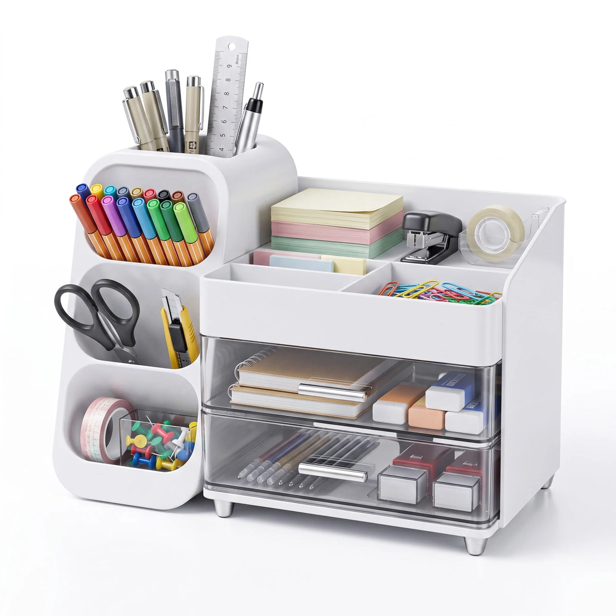 Desk Organizer with Pen Holder, 2 Drawers & 4 Compartments  Multifunctional Pen Holder Drawer Stationery Organizer Storage Desk Organizers Plastic Accessories Office School Supplies Plastic Desktop Storage for Office, School