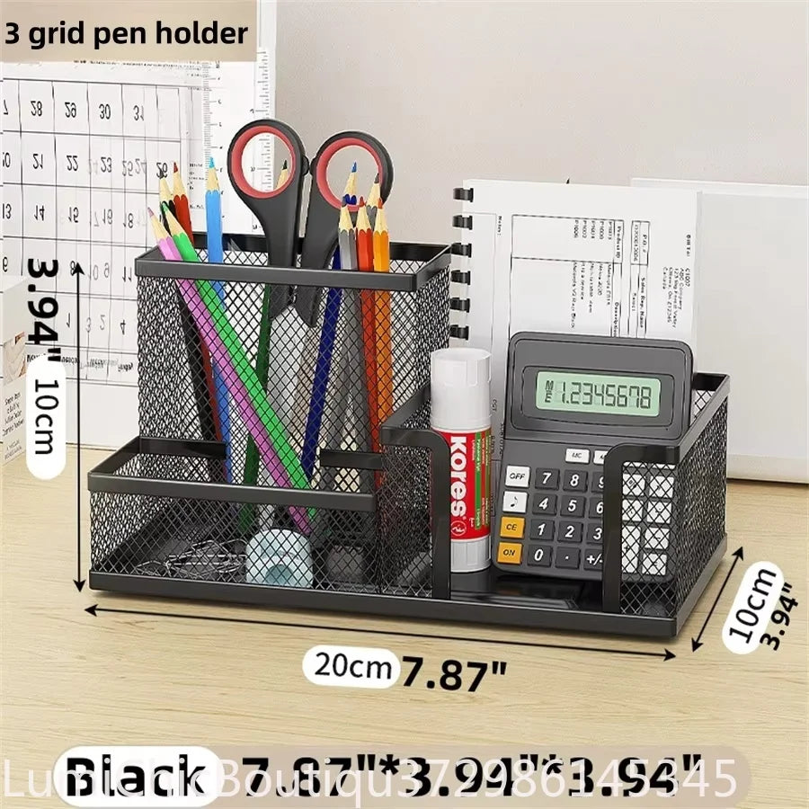 Black Mesh Desk Organizer 3‑Compartments Office Supply Caddy With Pencil Holder Storage Baskets Desktop Accessories Office Workspace Organizer