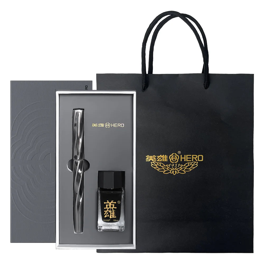 Hero E505A Fountain Pen Gift Set, Unique Twisted Spiral Streamline Barrel High Recognition, 0.5mm Gold Plated Iridium Nib Smooth Writing, Ergonomic Comfort Grip Anti-slip Texture