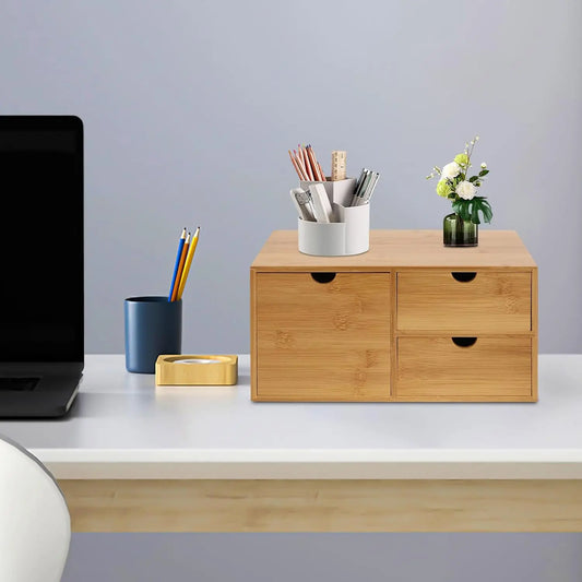 Mini Chest of Drawers, 2-Tier Drawer Box, Wooden Desk Organiser, Vintage Natural, Cosmetic Organiser, High Volume Storage Box, Wood for Home, Office, Dressing Table (33 x 19 x 16 cm)