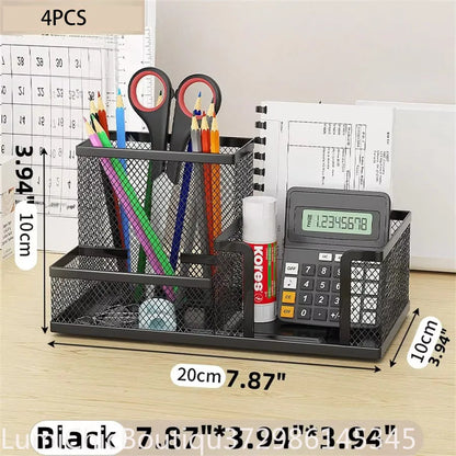Black Mesh Desk Organizer 3‑Compartments Office Supply Caddy With Pencil Holder Storage Baskets Desktop Accessories Office Workspace Organizer