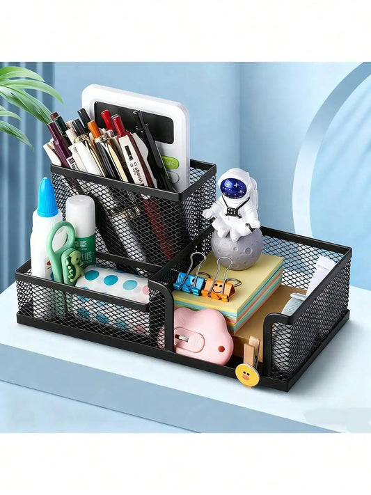Black Metal Mesh Desktop Organizer Rack, Multi-Layer Pen Holder, Suitable For Office And Home, Desktop Storage Solution, Can Hold Pens, Pencils, Stationery And Small Items Desk Office Supplies Office Accessories School Suppli