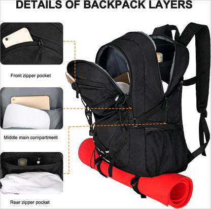 45L Foldable Water Resistant Hiking Backpack With Rain Cover & Trekking Pole Holder Ergonomic Daypack Black For Mountaineering Climbing Camping Backpacking Fishing Cycling Multi-Day Trek Weekend Travel Outdoor Sports Men Wome