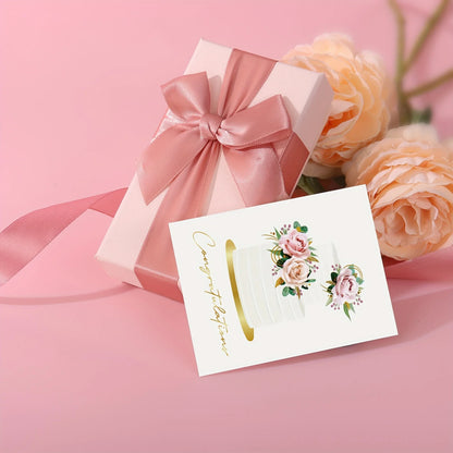 10 Pack Gold Foil Congratulations Greeting Cards with Envelopes & Sealing Stickers, Floral Wedding Cake Design Blank Inside Note Cards for Wedding Engagement Bridal Shower Marriage Gift