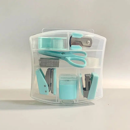 8 Pcs Mini Office Supplies Set with Portable Case Including Scissors Tape Dispenser Pencil Case Hole Puncher and Staples for Home School Desktop Stationery