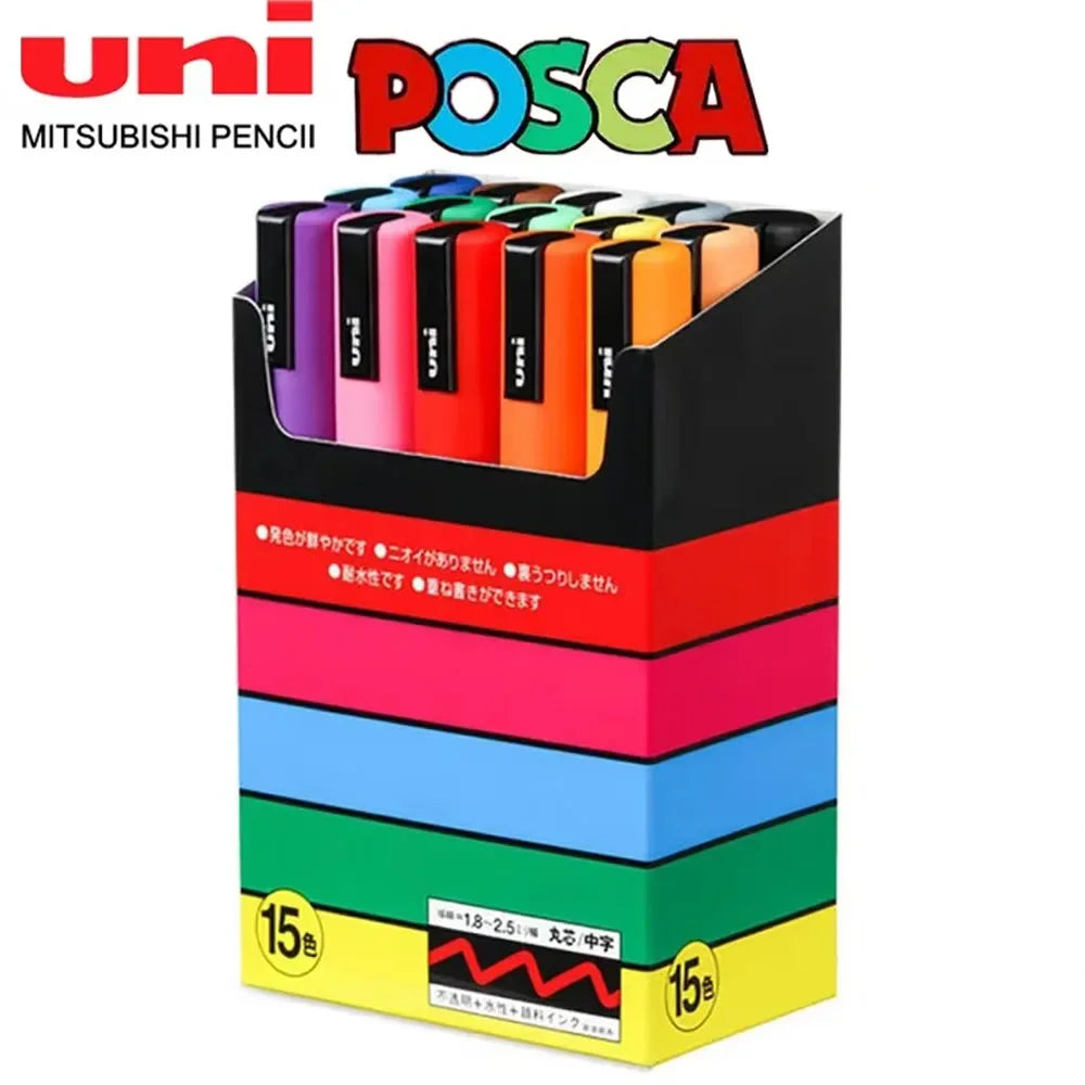 15Colors Uni Posca Marker Pen Set,Acrylic Marker Pens Pc-5M Pop Poster Pen/Graffiti Advertisement Art Stationery