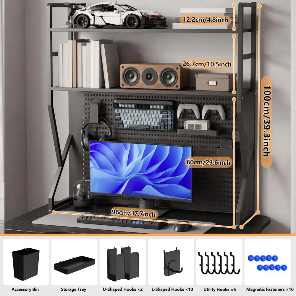 Multi-Layer Pegboard Desk Shelf with Hooks & Storage Box,K-shaped bookshelf And Accessories,Home Office Storage Solution