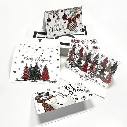 24 Pack Christmas Greeting Cards with Envelopes & Seal Stickers, Black Red Plaid Snowman Christmas Tree Ornament Designs Blank Holiday Note Cards for Winter Xmas Party Family Friends Wishes
