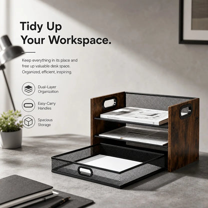 Storage Rack, Magazine and Newspaper Basket – Three-Tier Desktop Document Organizer with Drawers, Wooden Paper Tray, Office Desk Storage and Organization Tool, and Stationery Accessories, Ideal for Files, Letters, Notebooks