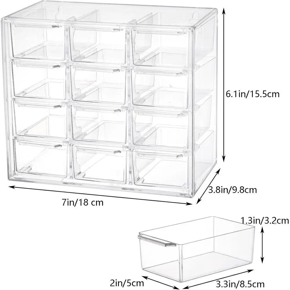 2-Pack Clear Mini Desk Organizer with 12 Removable Drawers for Desk Craft Storage, Art Supplies, Office, and Cosmetics