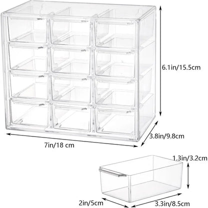 2-Pack Clear Mini Desk Organizer with 12 Removable Drawers for Desk Craft Storage, Art Supplies, Office, and Cosmetics