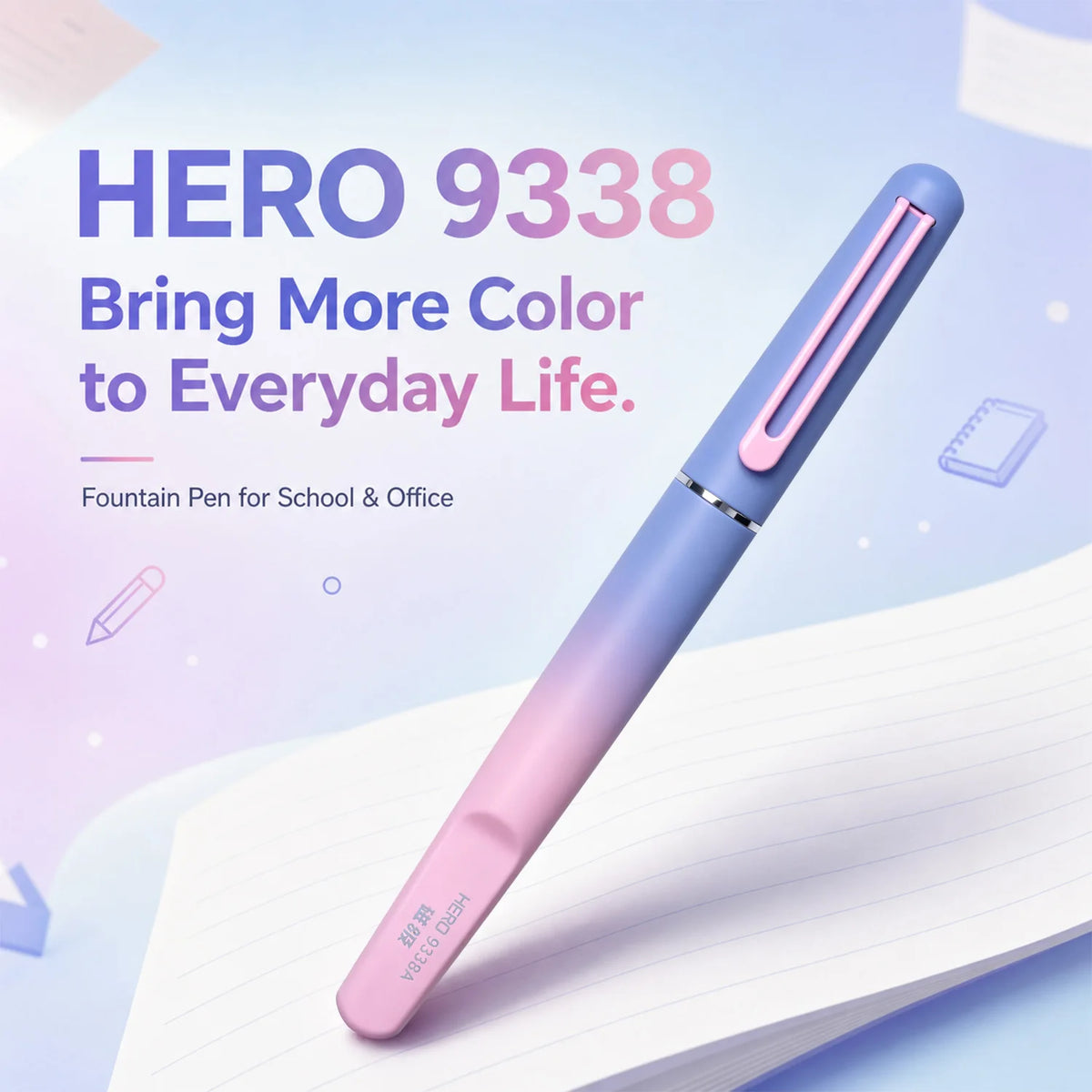 HERO 9338A Magnetic Fountain Pen 0.38mm Iridium EF Nib Frosted Gradient Metal Body Fingerprint Proof Ergonomic Grip Quick Dry Ink Smooth Writing, Anti-Skip & Anti-Blob