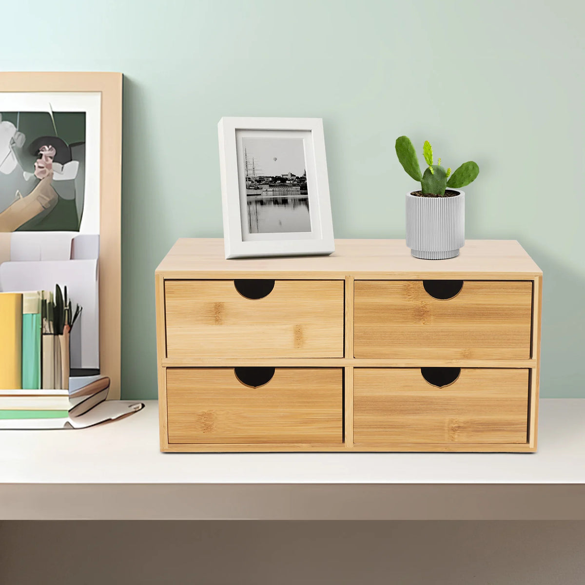 NEWEST Bamboo Desk Organizer, 4 Drawer Mini Desk Drawer, Desk Drawer Storage Box, for Office and Home